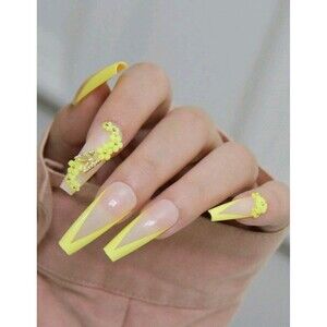 B2G1F 24-pcs. Elegant Long Coffin Yellow Rhinestones Press On Nails